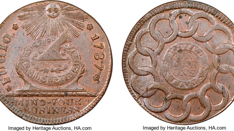 Az Egyesült Államok első hivatalos forgalmi érméje ( A Fugio, vagy más néven, a Franklin cent )