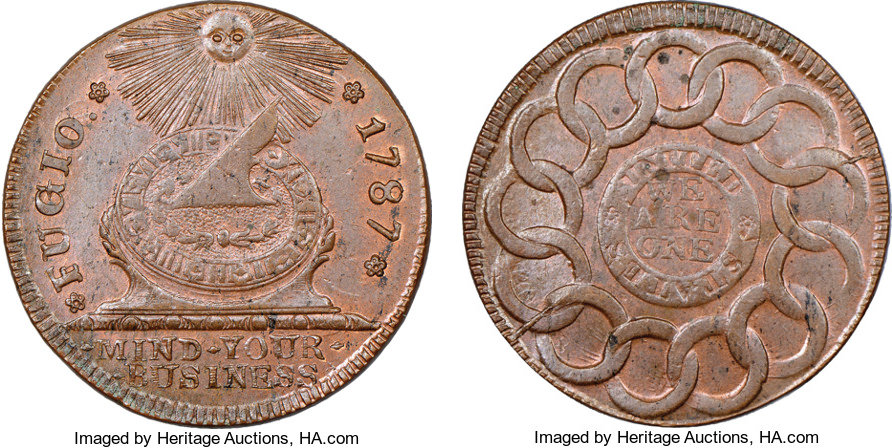 Az Egyesült Államok első hivatalos forgalmi érméje ( A Fugio, vagy más néven, a Franklin cent )