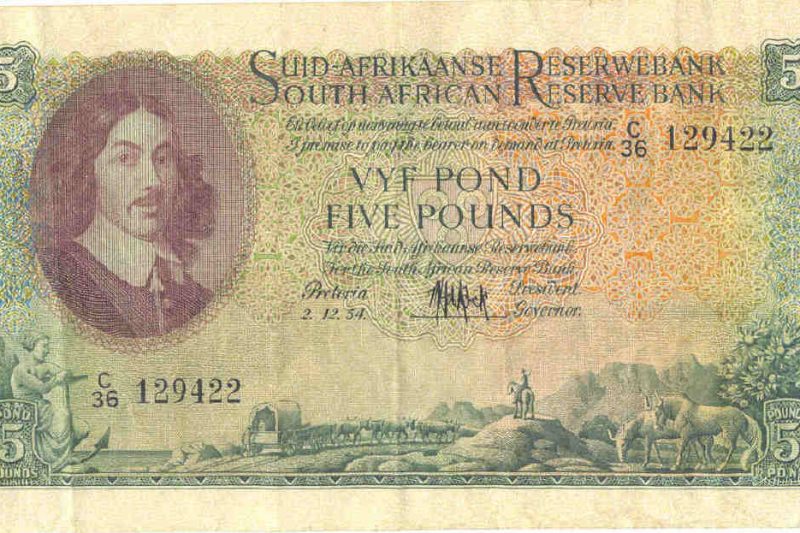 5 fontos bankjegy, Dél-Afrika ( 1950-59, angol-afrikaans felirattal )