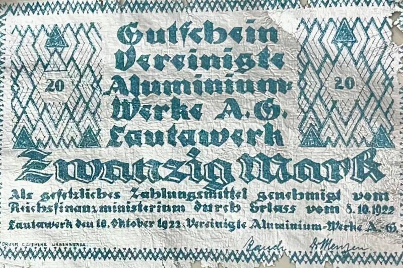 Egy kevésbé ismert ritka notgeld, alumíniumfóliából. ( A Lautawerk márkák, 1922 )